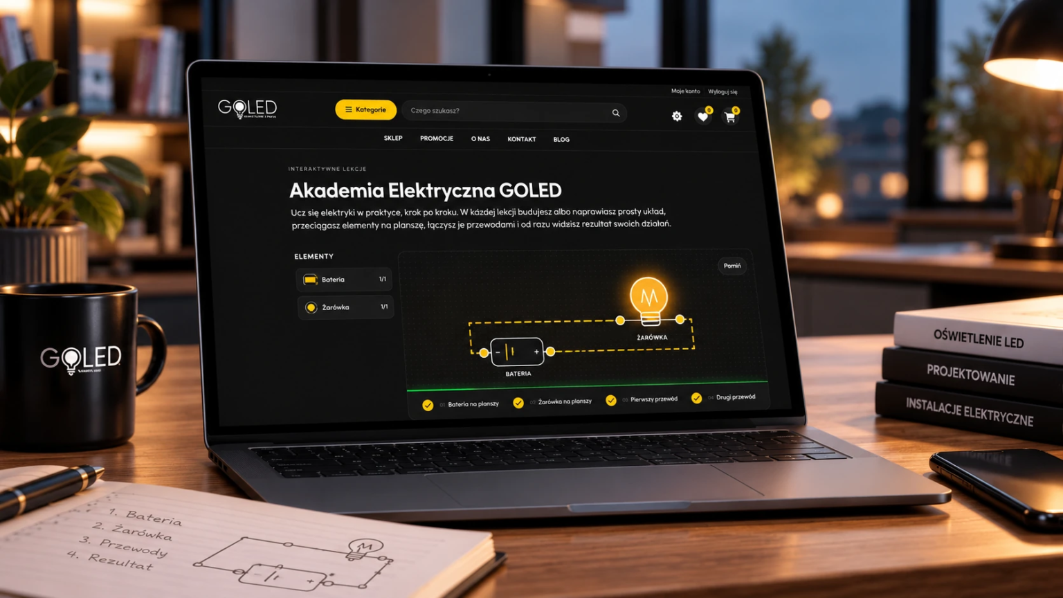 Laptop z interaktywną Akademią Elektryczną GOLED i schematem obwodu z baterią i żarówką, na biurku z notatkami technicznymi