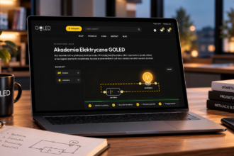 Laptop z interaktywną Akademią Elektryczną GOLED i schematem obwodu z baterią i żarówką, na biurku z notatkami technicznymi